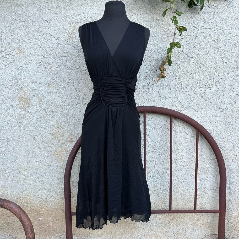Vintage Max Studio Black Semi Sheer Ruched Mesh Midi Dress, Y2K Romantic Grunge